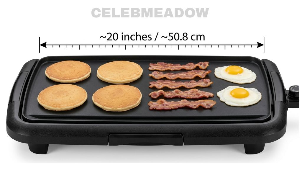 A rectangular electric griddle with cooking surface approximately 20 inches across