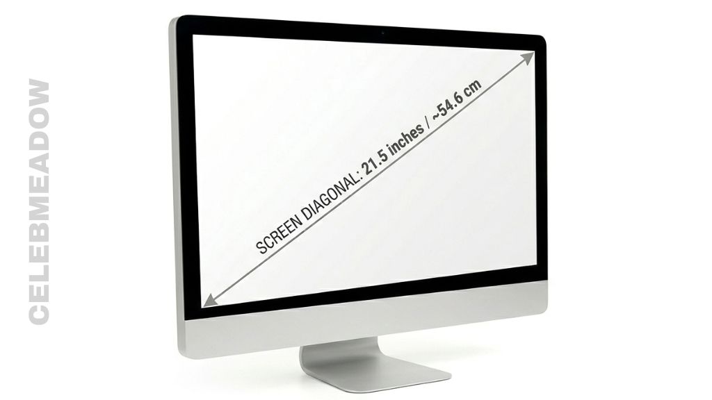 An Apple iMac desktop computer with the 21.5-inch screen diagonal indicated from corner to corner