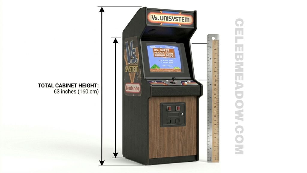 Classic 1980s upright arcade cabinet approximately 63 inches tall shown in home basement setting