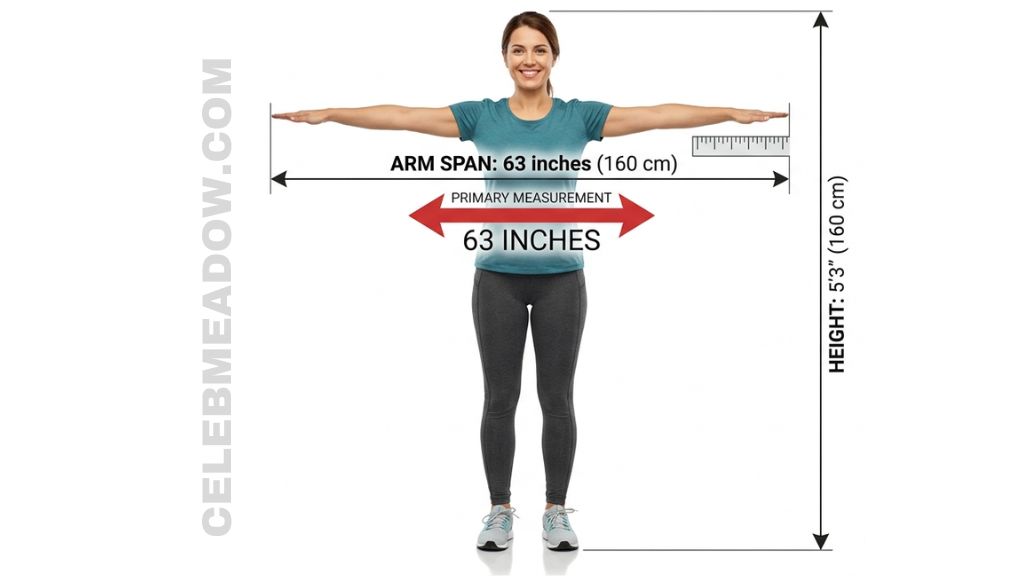Person with arms stretched wide showing 63-inch fingertip to fingertip wingspan matching their height
