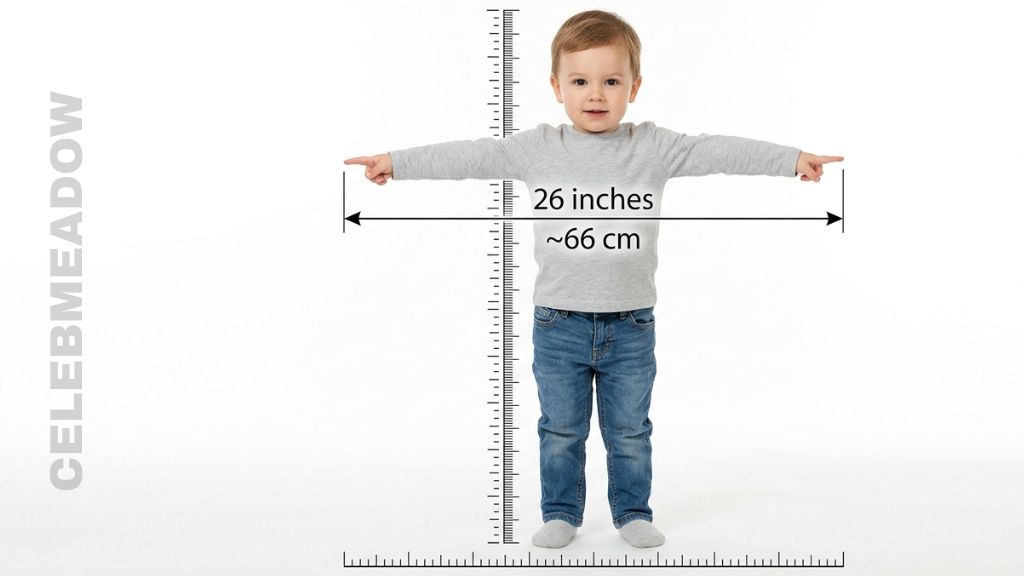Toddler standing with arms outstretched showing 26-inch fingertip-to-fingertip arm span