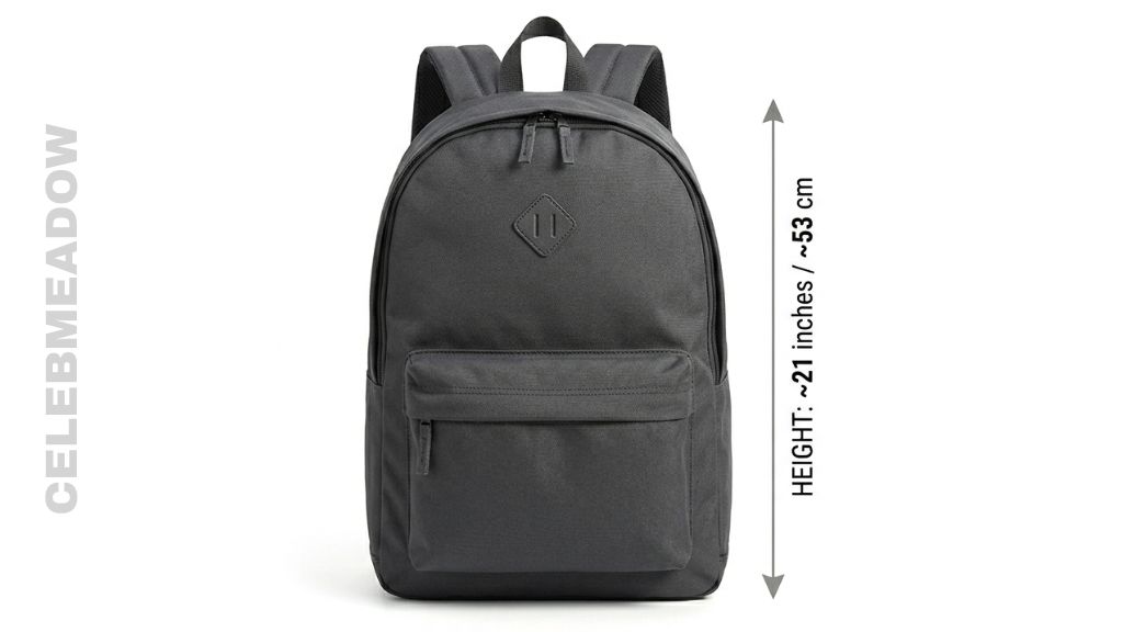 A school backpack standing upright, with a measurement line showing the 21-inch height from bottom to top of main compartment