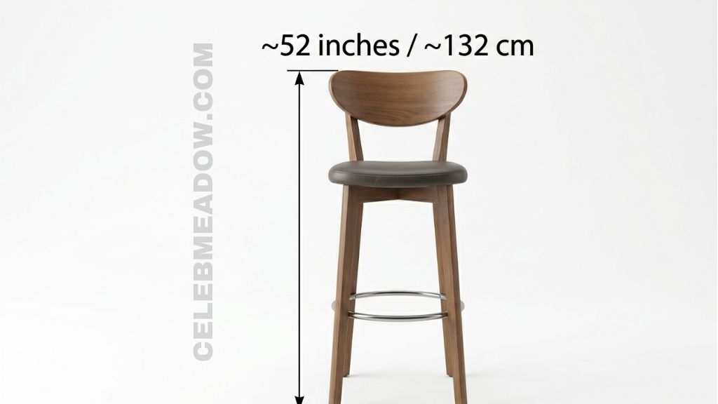 Residential bar stool standing 52 inches tall from floor to backrest top, positioned at a kitchen counter