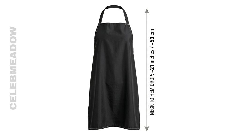 A black barber apron hanging flat, showing the 21-inch vertical drop from neck loop to hem