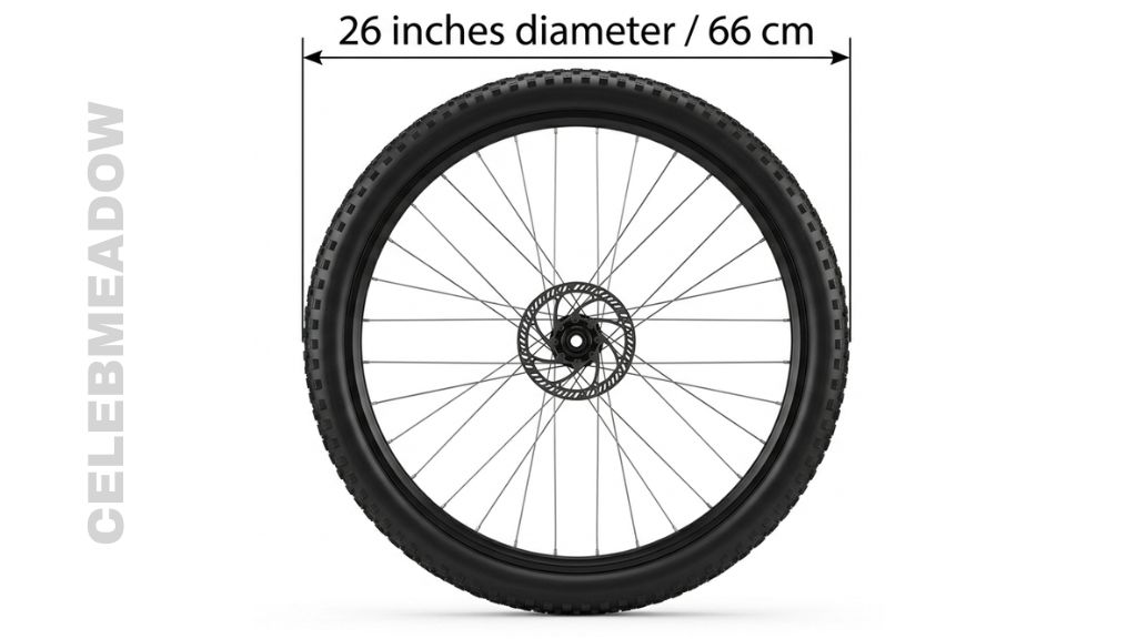 26-inch mountain bike wheel with tire mounted, shown upright on gravel trail