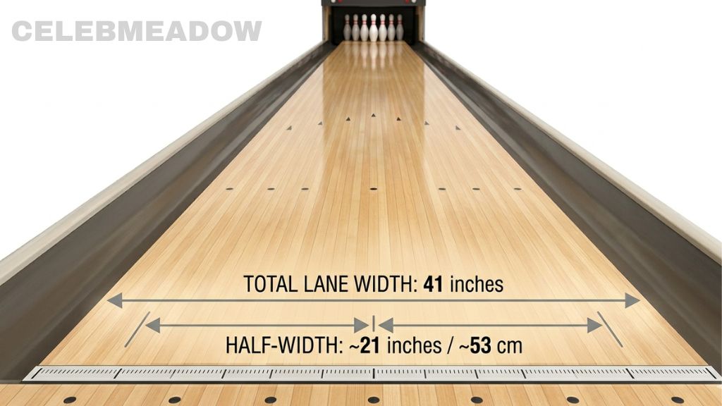 A bowling lane viewed from the foul line, with a marker at the halfway point showing the 21-inch distance from center to gutter