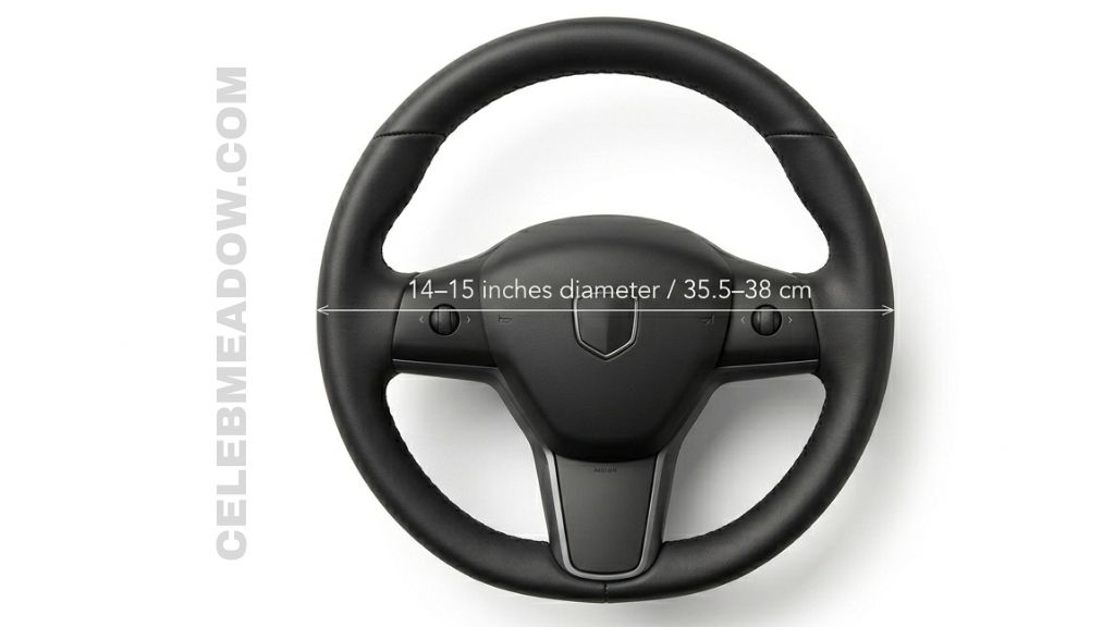 Close-up view of a 14-inch diameter steering wheel in a compact sedan interior, showing full rim circumference