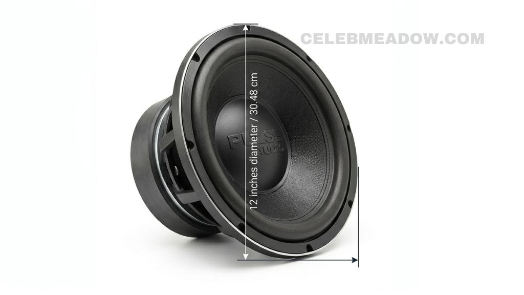 12-inch car audio subwoofer showing full circular frame diameter measurement