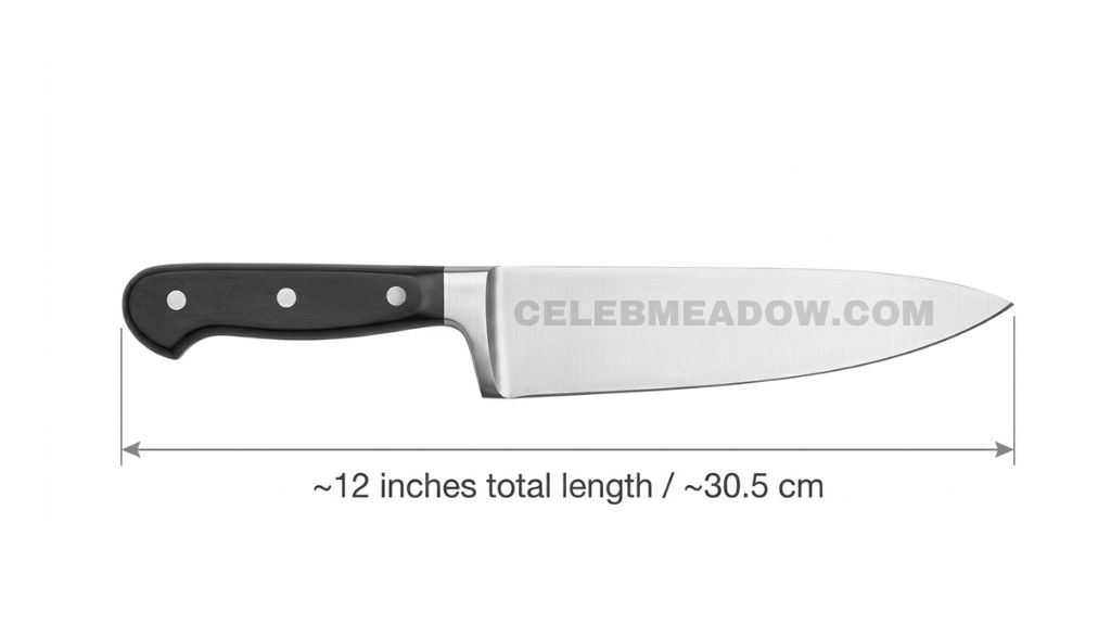 Standard chef's knife lying flat showing approximately 12-inch total length including blade and handle