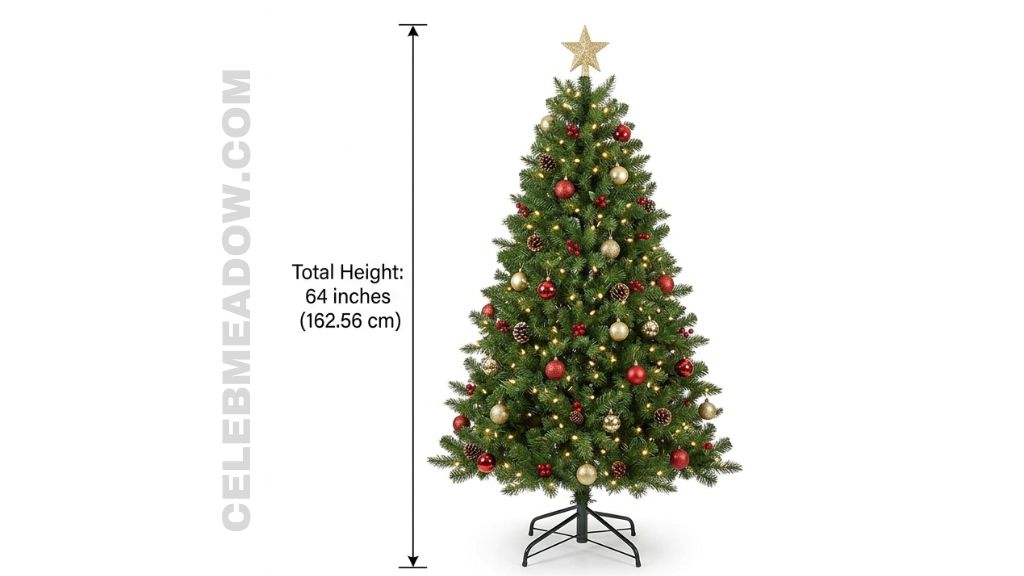 A 64-inch tall pre-lit Christmas tree standing in a living room with an 8-foot ceiling