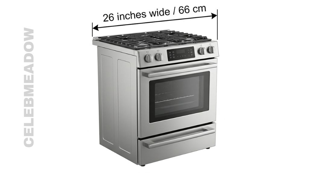 Compact apartment oven with 26-inch exterior width, fitted between kitchen cabinets