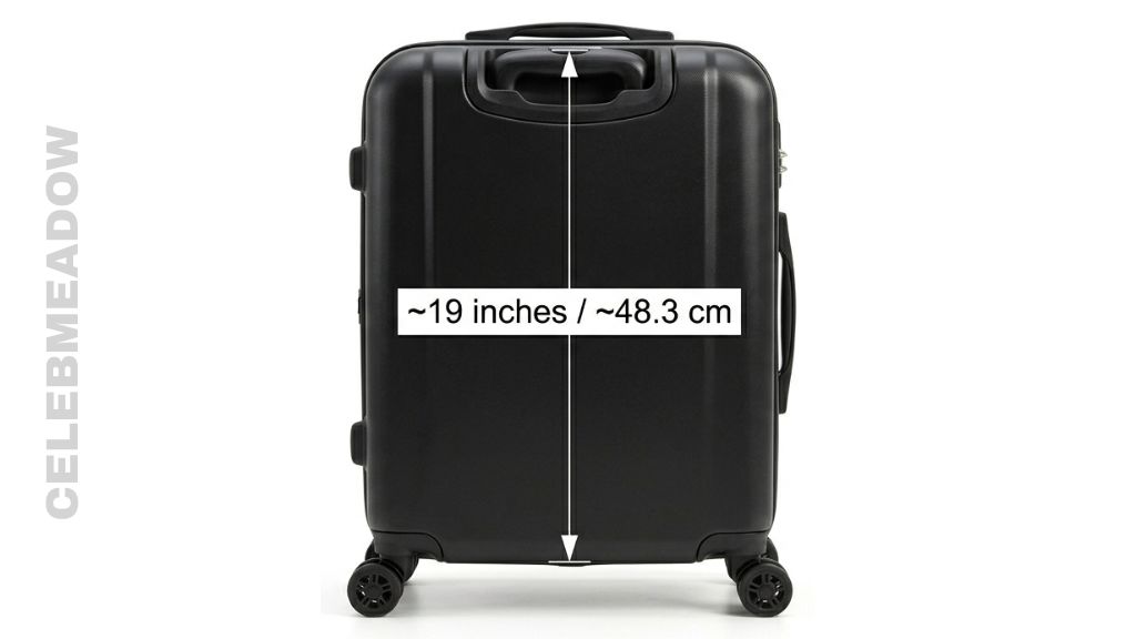 Small upright carry-on suitcase standing on wheels with a measurement arrow showing approximately 19 inches in total height