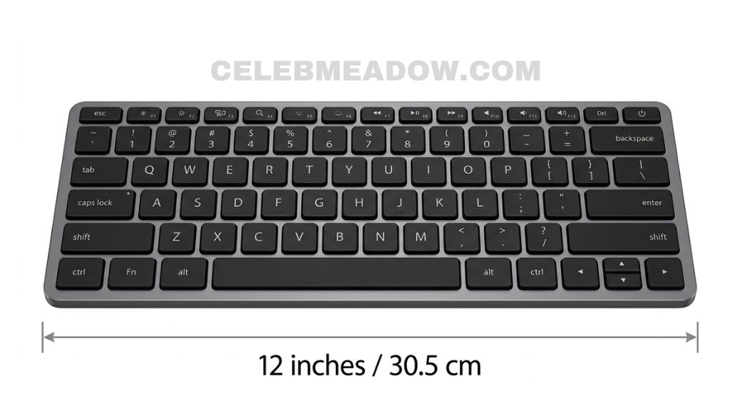Compact tenkeyless laptop keyboard showing approximately 12-inch width from left to right edge
