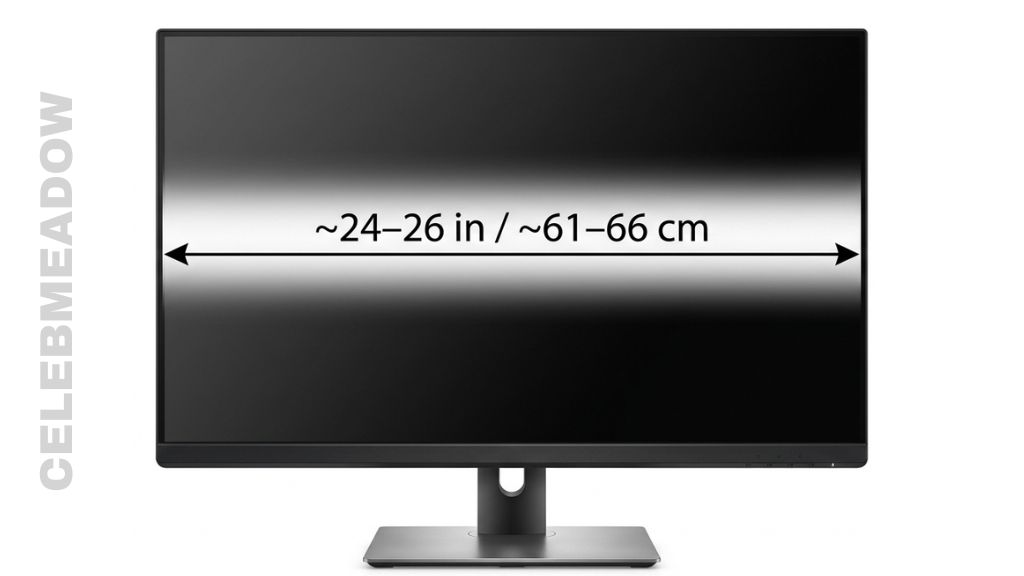27-inch diagonal computer monitor with frame width of approximately 24 to 26 inches, shown on a desk