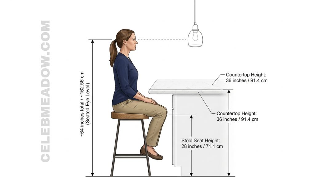 Person seated on a 28-inch bar stool at a 36-inch kitchen counter with eyes at approximately 64 inches tall