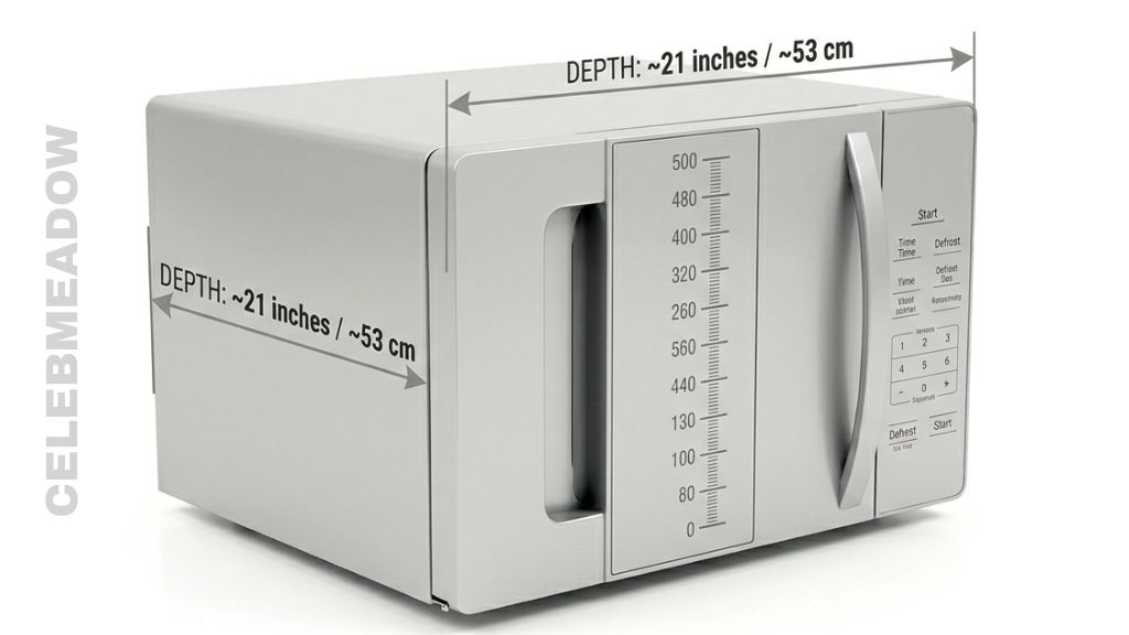 A compact countertop microwave oven with an arrow showing the 21-inch depth from front door to back wall
