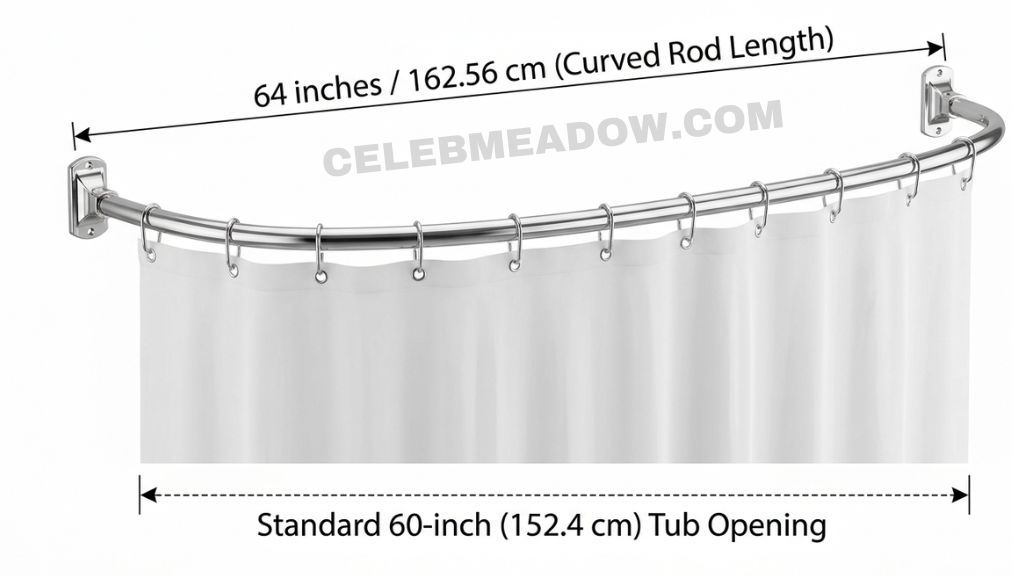 64-inch tall curved shower curtain rod mounted across a standard bathtub