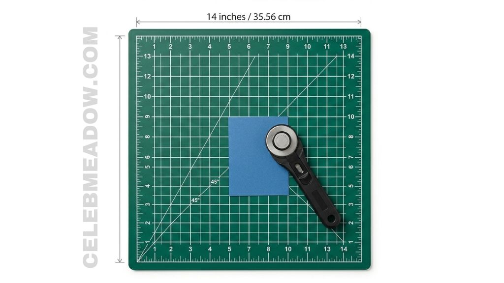 Small self-healing rotary cutting mat measuring 12 by 14 inches on a craft desk with ruler alongside