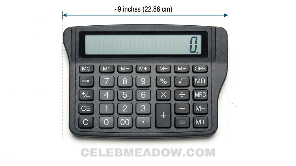 Basic compact desktop calculator showing approximately 9-inch width measurement