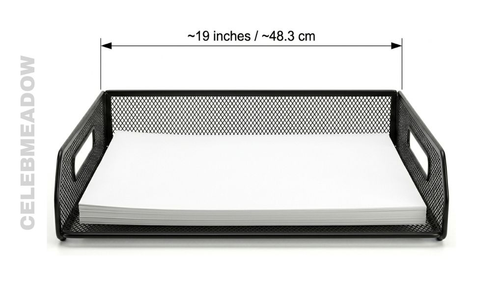 Office desk with a letter tray organizer, measurement arrow showing approximately 19 inches across the tray width