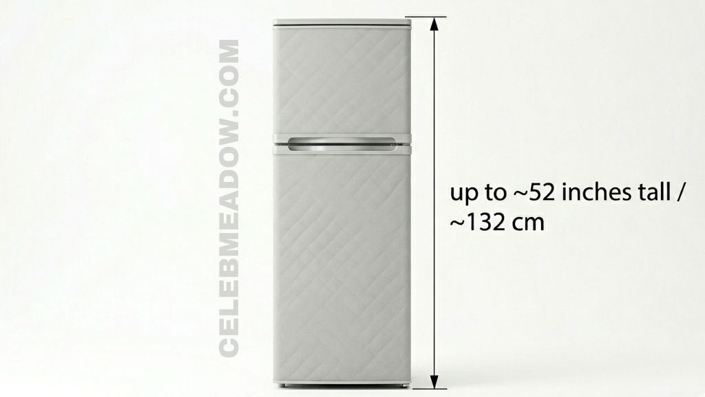 Freestanding compact refrigerator with separate freezer compartment standing approximately 52 inches tall in a small apartment kitchen