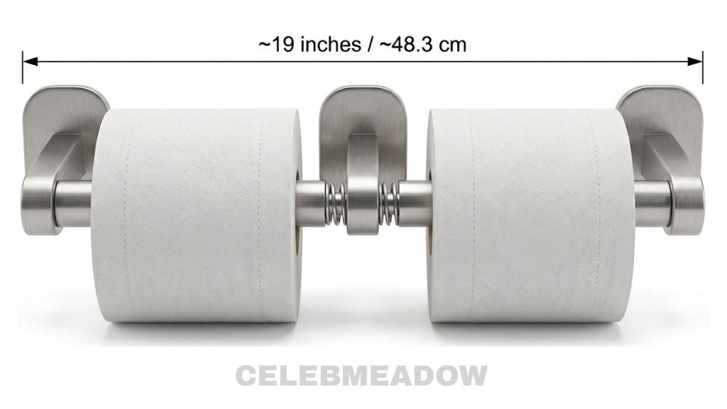 Bathroom wall with a double-roll toilet paper holder, measurement arrow showing approximately 19 inches bar length between wall mounts