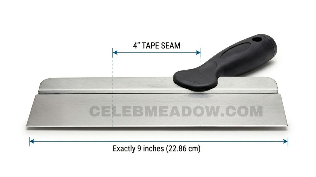 Drywall taping trowel with 9-inch steel blade shown against drywall surface