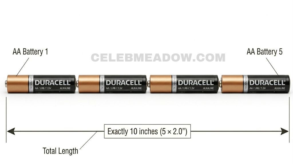 Five AA batteries lined up end to end showing combined 10-inch total length