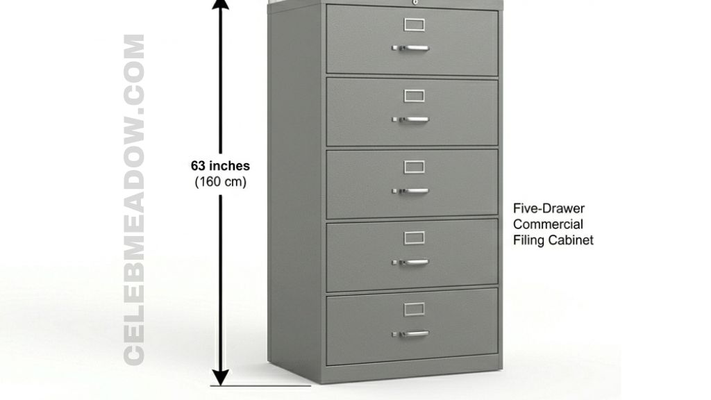 Five-drawer vertical filing cabinet at 63 inches shown in office setting next to standard cubicle partition