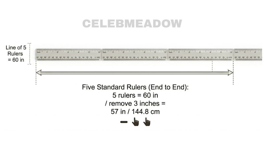 Five standard 12-inch wooden rulers laid end to end on a flat surface reaching 60 inches total length