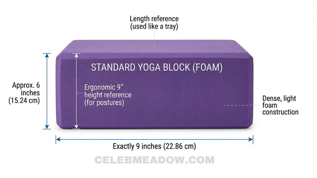 Standard foam yoga block showing exactly 9-inch long side measurement
