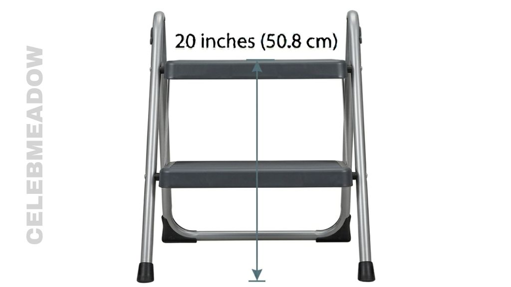 A two-step folding step stool standing open, measuring approximately 20 inches in height from floor to top step