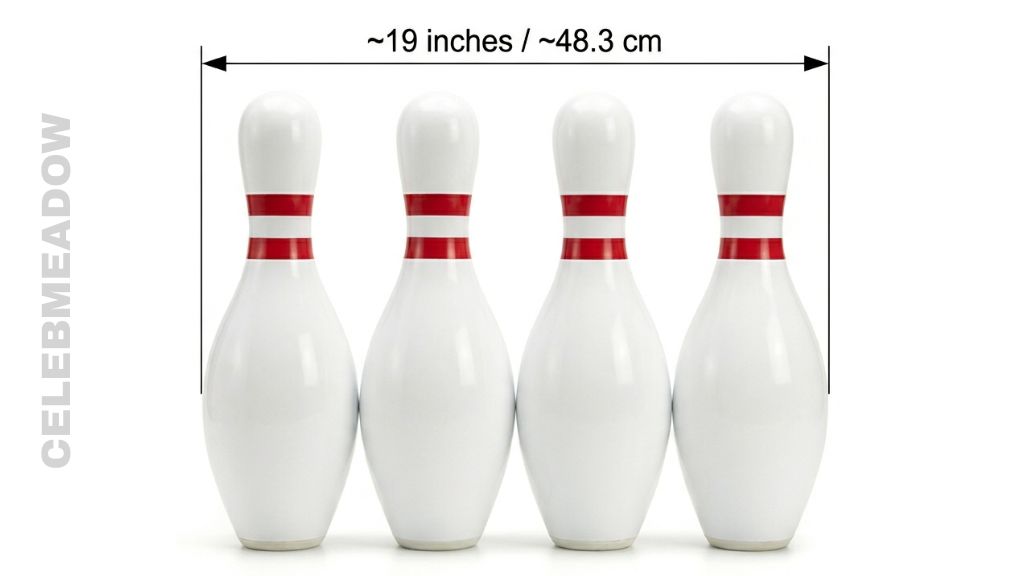 Four standard bowling pins standing side by side with a measurement arrow showing approximately 19 inches total combined width