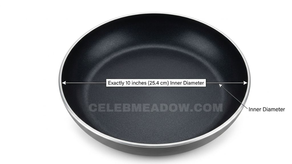 10-inch cast iron or stainless frying pan showing interior diameter measurement
