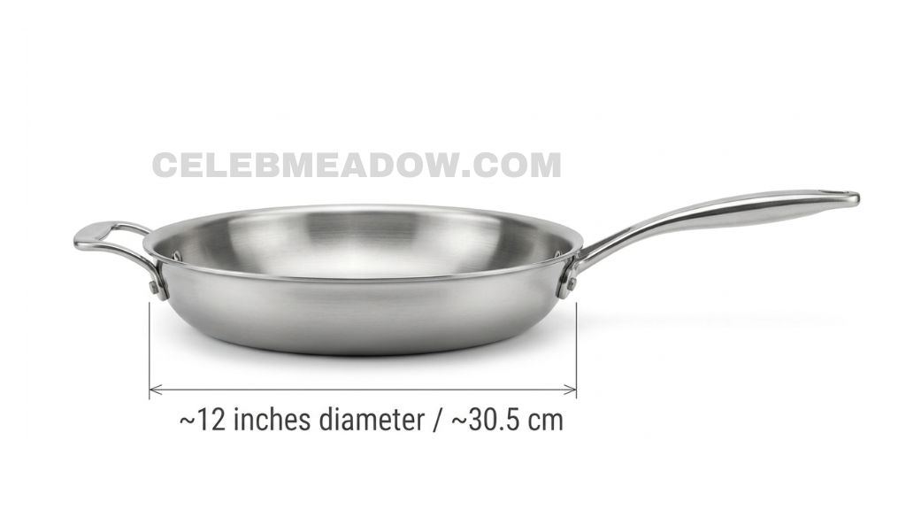  12-inch frying pan viewed from above showing full rim-to-rim diameter measurement