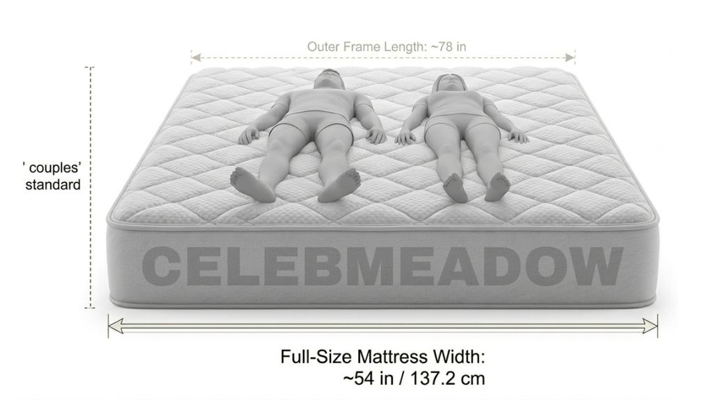 A full-size double mattress showing its 54-inch width laid flat in a bedroom setting