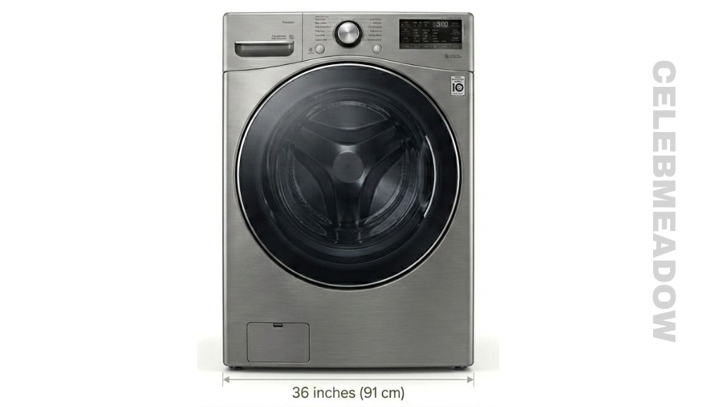 Front-load washing machine approximately 36 inches wide in a laundry alcove