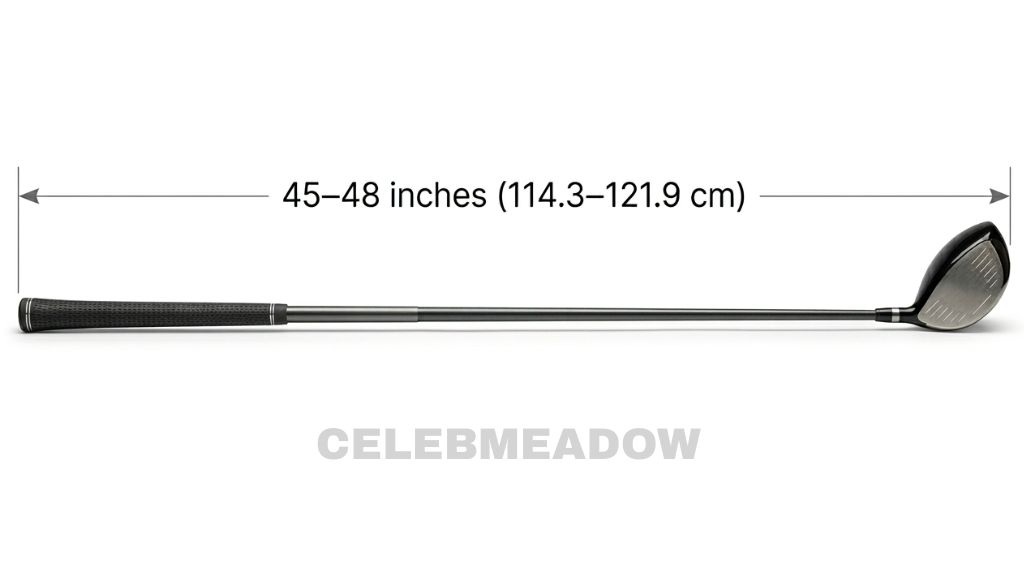 A men's golf driver lying flat on the ground showing its 45 to 48 inch shaft length as a near reference for 57 inches