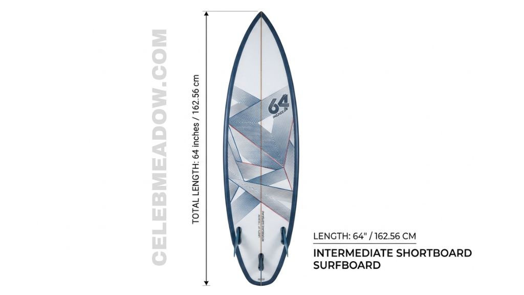 A 64-inch tall shortboard surfboard laid flat on sand next to a surfer