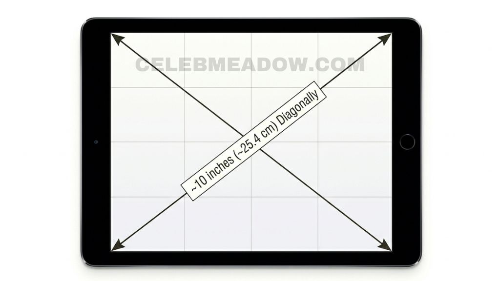 Standard Apple iPad showing approximately 10-inch diagonal screen measurement
