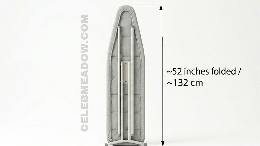 Full-size household ironing board folded flat and measured at approximately 52 inches total length for storage