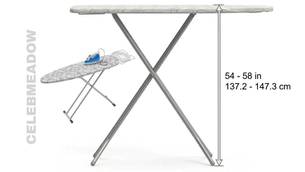 A full-size ironing board laid flat at 57 inches in total length, showing it extended in a laundry room