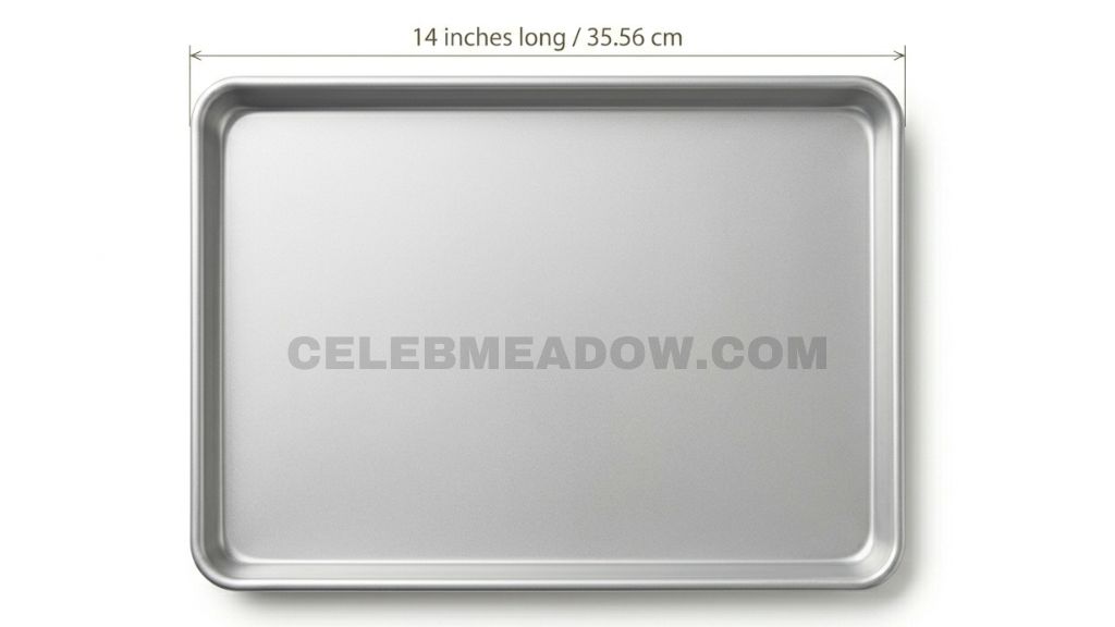 Jelly roll baking pan measuring 14 by 10 inches shown on oven rack with ruler along longer edge