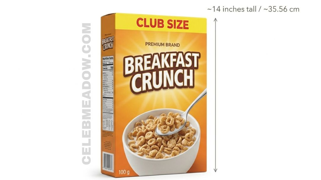 Jumbo club-store cereal box standing upright at 14 inches tall next to a standard 12-inch family-size box