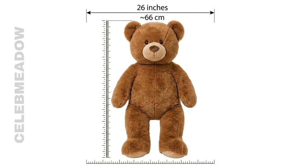 Jumbo stuffed teddy bear standing approximately 26 inches tall, shown next to a toddler for scale