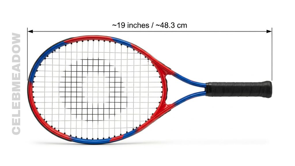 Junior tennis racket lying flat with a measurement arrow showing approximately 19 inches from handle bottom to top of head