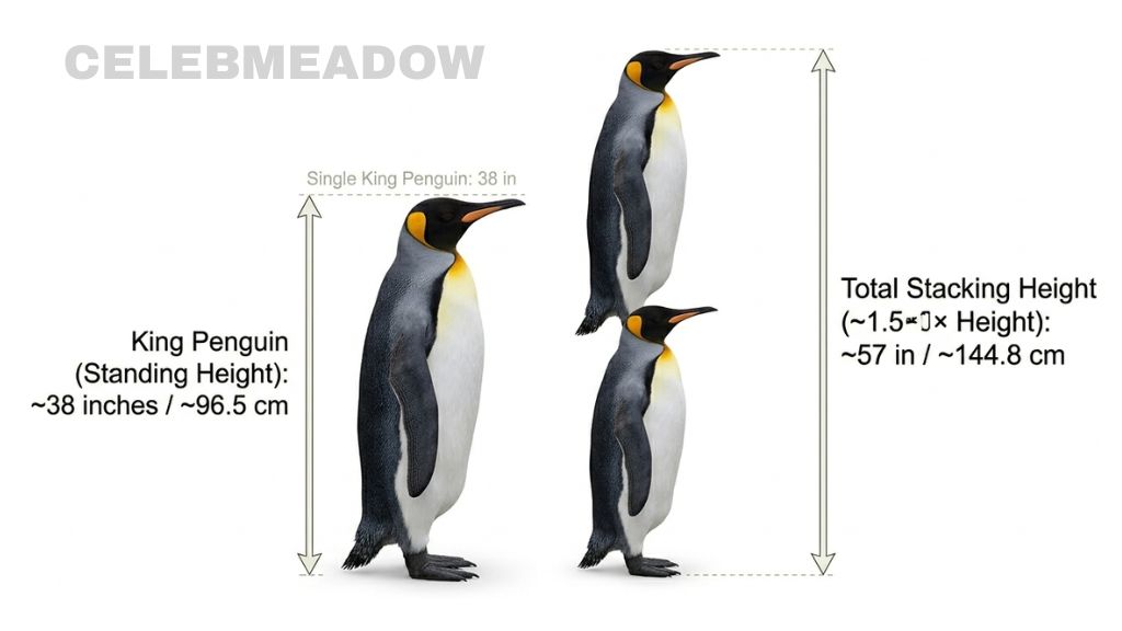 A King Penguin standing upright at approximately 38 inches tall shown next to a child for scale comparison