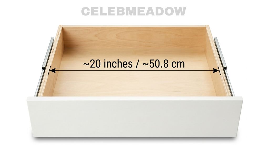 An open kitchen drawer showing an interior width of approximately 20 inches inside a 24-inch cabinet