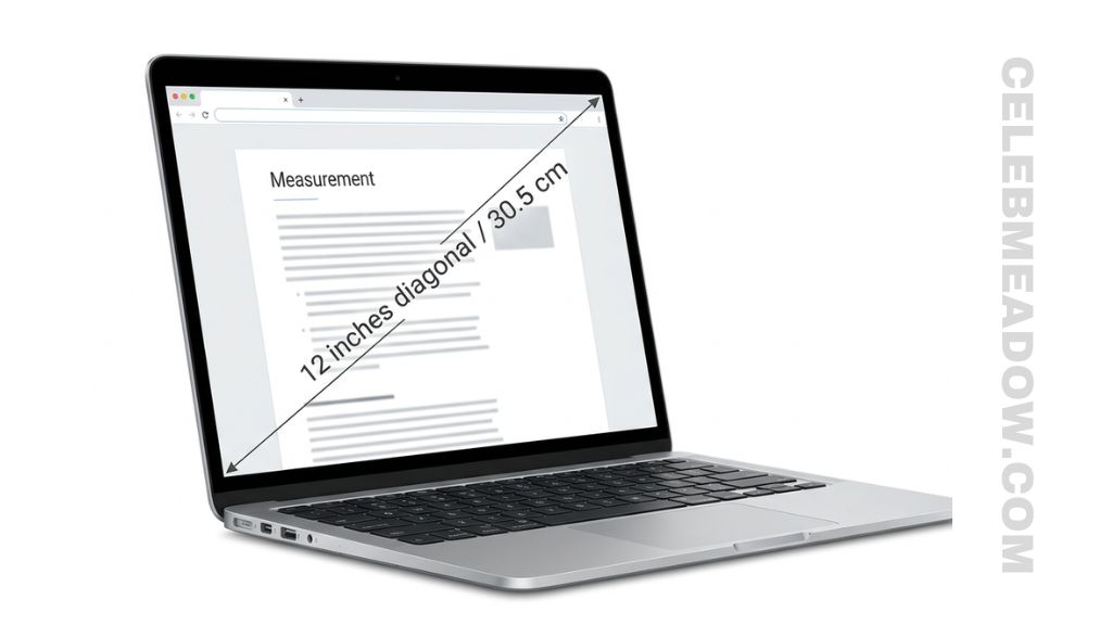 Compact 12-inch laptop open on a desk, showing 12-inch diagonal screen measurement
