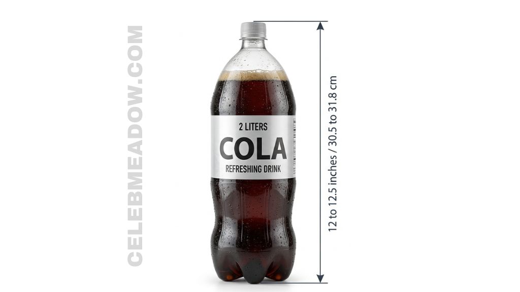 Standard 2-liter plastic soda bottle standing upright, approximately 12 inches tall including cap